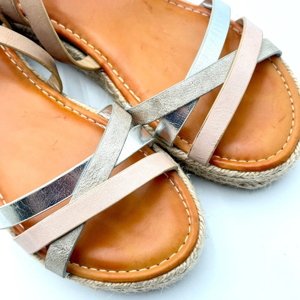 Bamboo Womens Metallic Multi Strap‎ Espadrille Platform Wedge Sandals Size 8 38